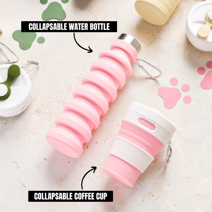Pink collapsible water bottle made of silicone with Cocopup London branding.