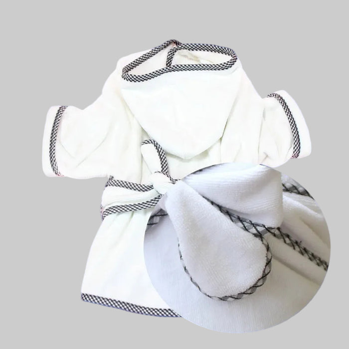 White hooded coral fleece pet bathrobe with a tie belt, shown from the back