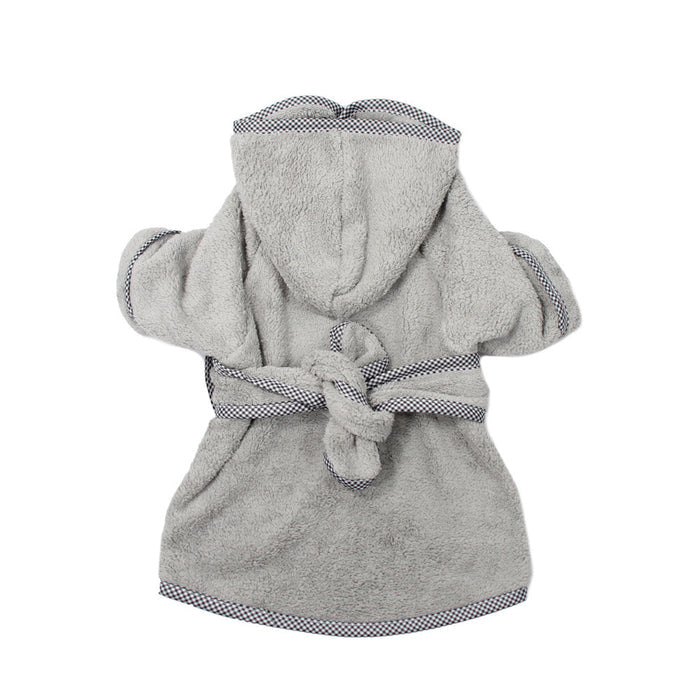 Grey hooded coral fleece pet bathrobe with a tie belt, shown from the back