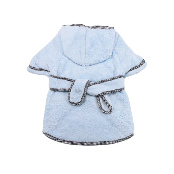 Blue hooded coral fleece pet bathrobe with a tie belt, shown from the back