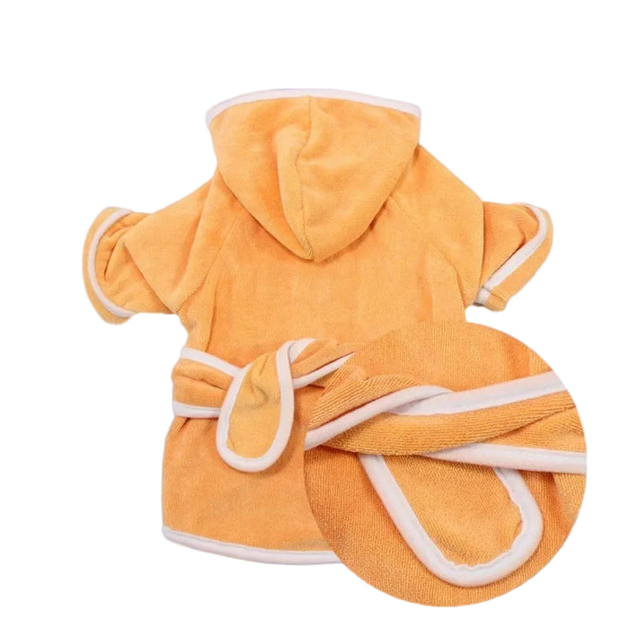 Orange hooded coral fleece pet bathrobe with a tie belt, shown from the back
