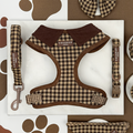 Cocopup London dog harness, lead, and collar set in Cotswold check pattern with adjustable neck straps.