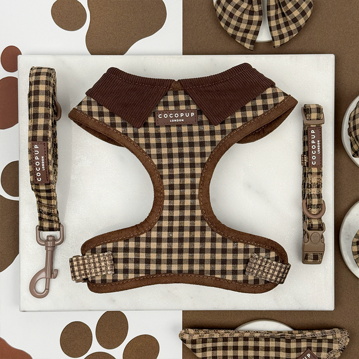 Cocopup London dog harness, lead, and collar set in Cotswold check pattern with adjustable neck straps.