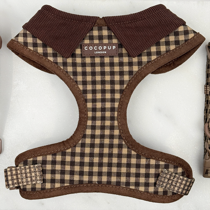 Cocopup London harness, lead and collar set in a beige and brown plaid pattern with adjustable straps.