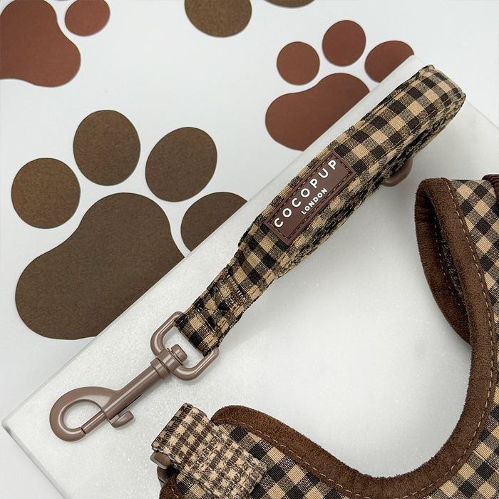 Cotswold Check dog leash, collar, and harness set in beige check pattern with adjustable buckles.