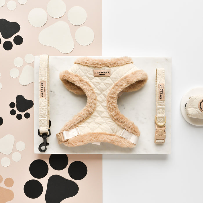 Cream quilted leash, harness, and collar set by Cocopup London on a paw-print background.