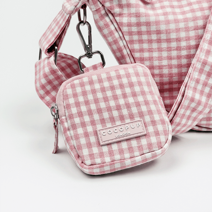 Pink and white gingham check design treat pouch for dog treats.