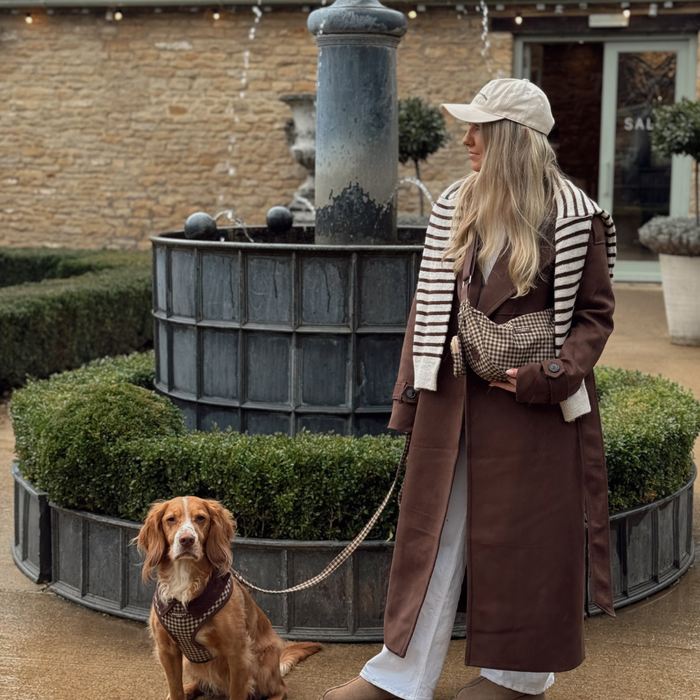 Woman in brown coat by fountain with her dog wearing a beige plaid Cocopup London harness.