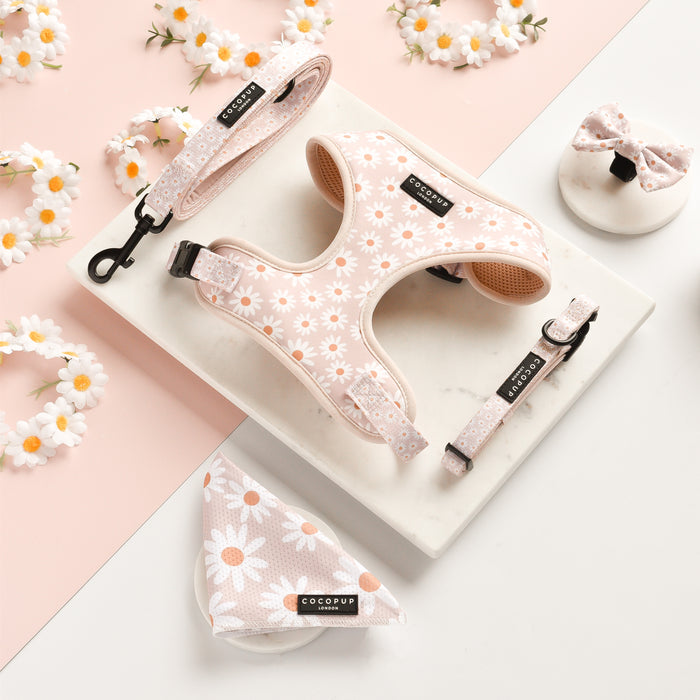 Pastel pink dog harness, leash, collar, bandana, bow tie, and Daisy Chain Poop Bag Holder with white daisy pattern.