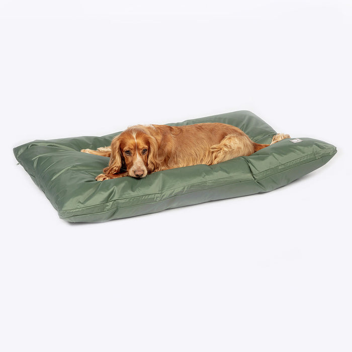 Spaniel lying on a green Danish Design County waterproof deep duvet dog bed