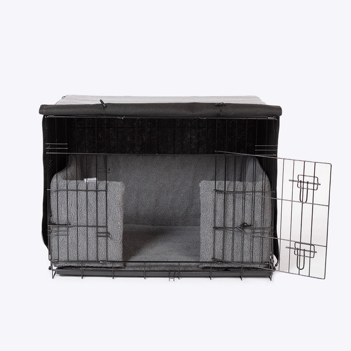 Danish Design grey crate cover fitted over a wire dog crate, front door rolled up