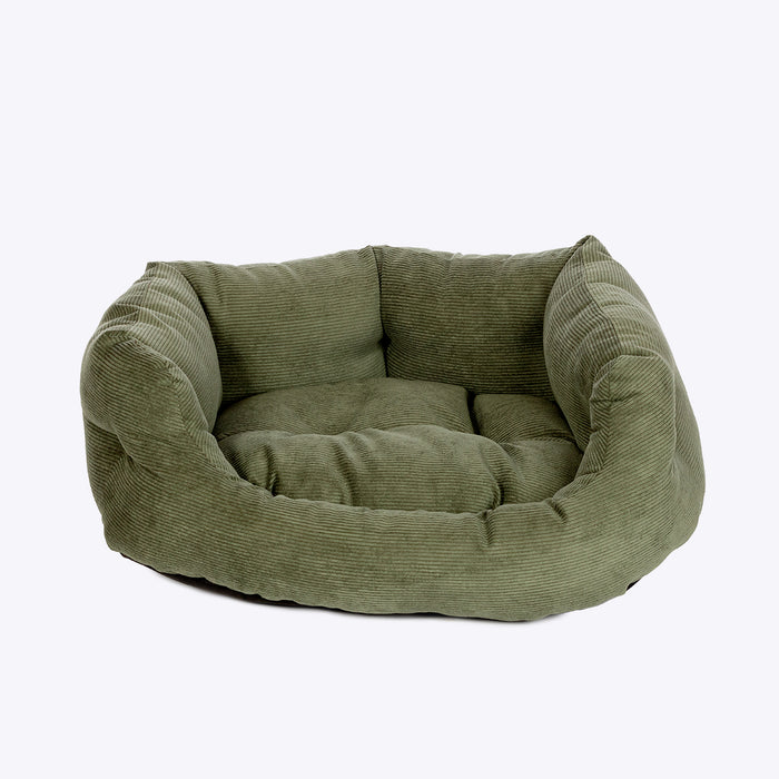 Danish Design Elden Fern green cord deluxe slumber dog bed, angled front view