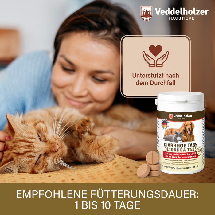Frau streichelt eine rote Katze auf der Decke, daneben die Dose – empfohlene Fütterungsdauer 1 bis 10 Tage