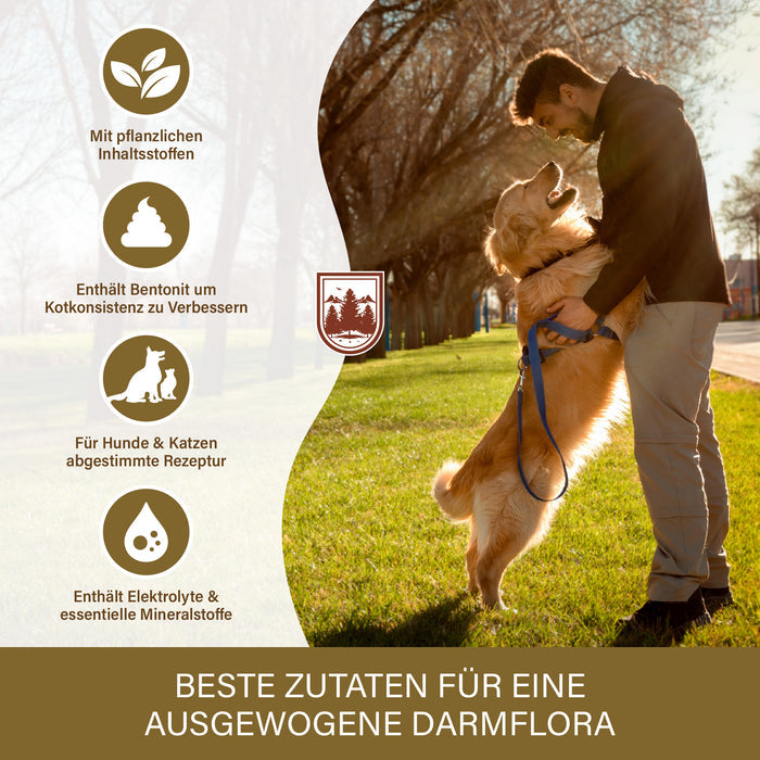 Mann im Park, Golden Retriever springt an ihm hoch; pflanzliche Inhaltsstoffe, Bentonit für festere Kotkonsistenz und Elektrolyte