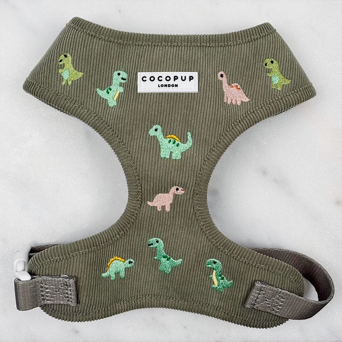 Green corduroy material Dog Harness with embroidered dinosaurs.