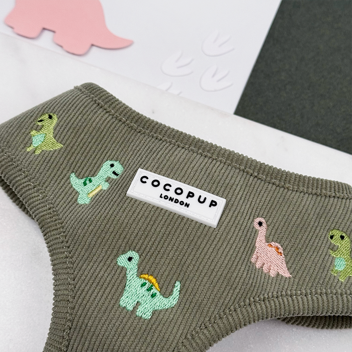 Green corduroy material Dog Harness with embroidered dinosaurs.