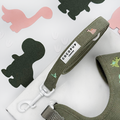 Green corduroy material Dog Lead with embroidered dinosaurs. White clasp.