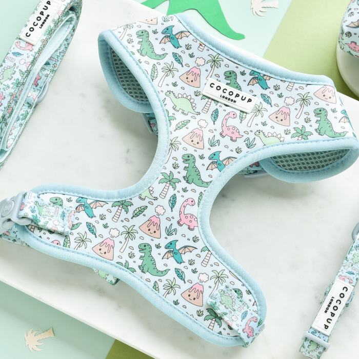 A pastel blue Dinopaws Adjustable Neck Harness with a whimsical dinosaur print featuring green, pink, and blue dinosaurs alongside tropical trees and plants. The adjustable neck harness includes the brand name "Cocopup London" on a small label. Displayed on a light marble surface with matching accessories.