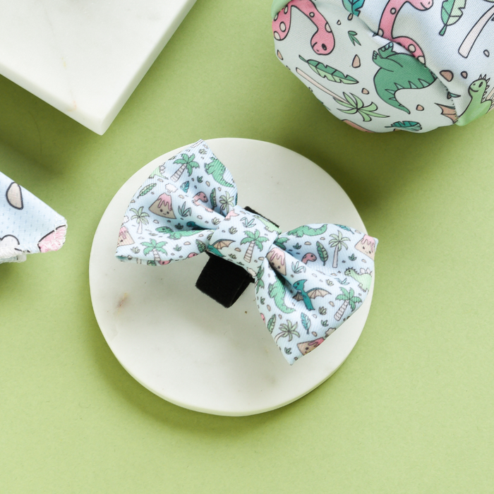 Dinopaws patterned bow tie on a white dish, with other fabric accessories on a light green background.
