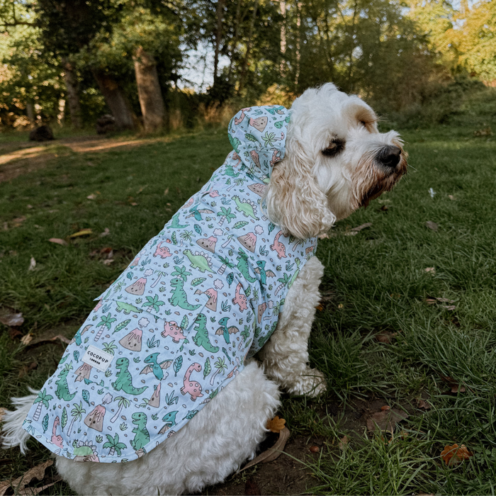 Fluffy white dog wearing a Cocopup London Dinopaws raincoat with green dino prints sits on grass in a park.