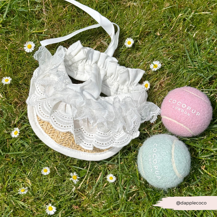 Dog straw sun hat with white lace trim and collar, shown with two pastel tennis balls on a bed of daisies.