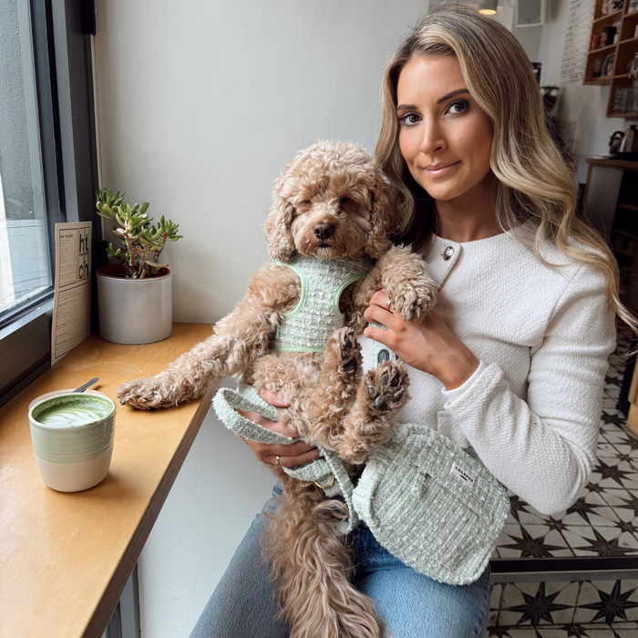 Woman with her dog by a cafe window, Cocopup London Dog Walking Bag in green textured tweed beside a matcha latte.