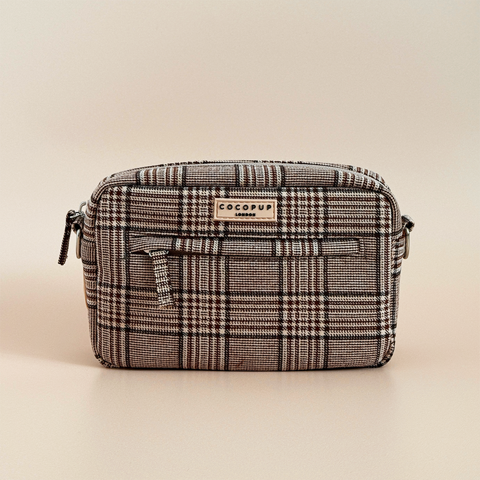 Plaid dog walking bag with treat pouch and poop bag dispenser, by Cocopup London.