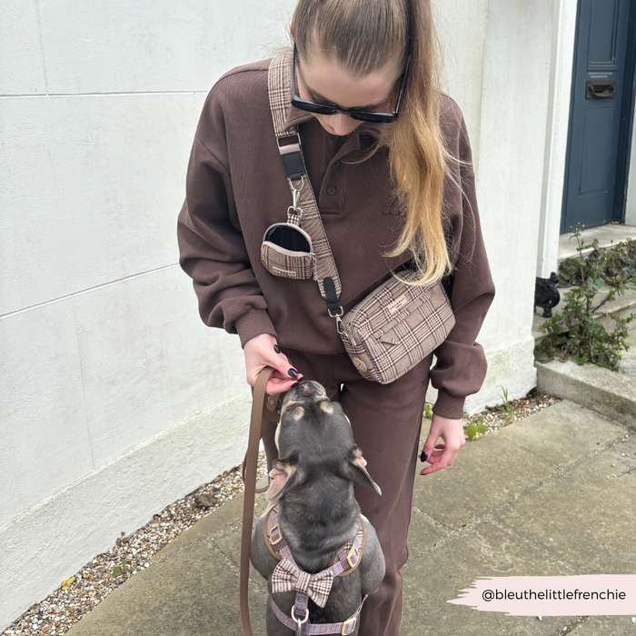 Woman in brown outfit outside with her dog wearing a bow tie and plaid Cocopup London dog walking bag.