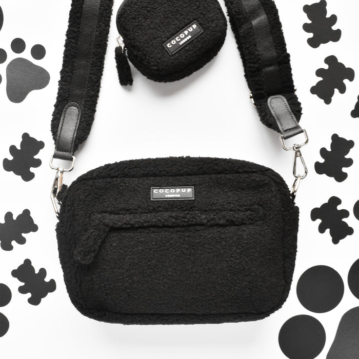 Beige Teddy Baloo dog walking bag by Cocopup London with small dispenser, on a white background with black paw prints.