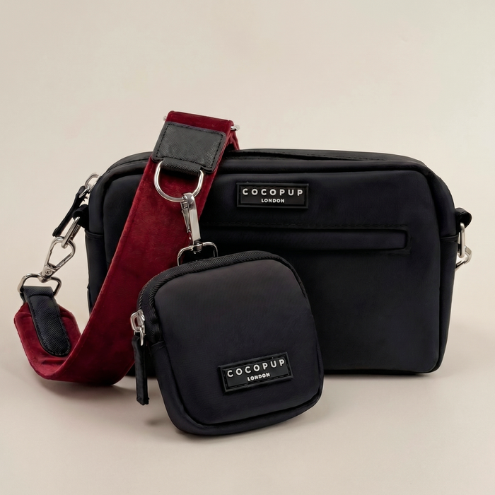 Berry red velvet Cocopup London dog walking bag bundle with silver zippers on a plain neutral background.