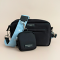 Blue cord dog walking bag with heart pattern, matching treat pouch, and poop bag dispenser from Cocopup London.