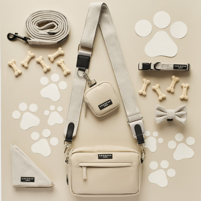Brown tweed dog walking bag bundle with matching leash, collar, bow tie, treat pouch, bandana and poop bag dispenser.