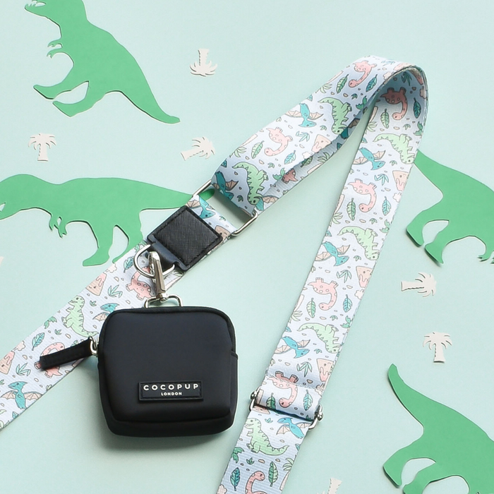 Cocopup London Dog Walking Bag Bundle in Dinopaws print with a dinosaur-patterned strap and pouch design.