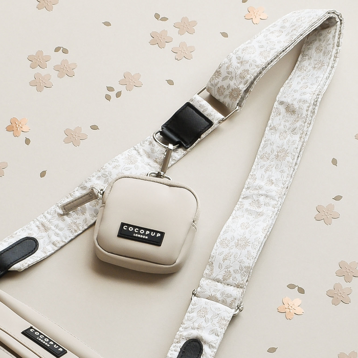 Cocopup London Luxe Dog Walking Bag Bundle with beige floral strap and matching treat pouch.
