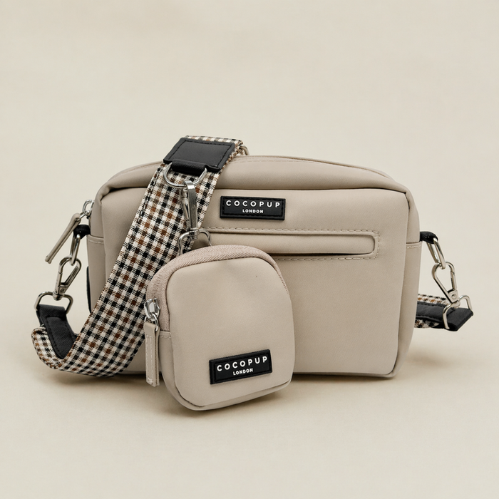 Heritage Check dog walking bag with matching treat pouch from Cocopup London on a neutral background.