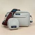 Brown cable knit dog walking bag set with matching pouch and detachable strap.