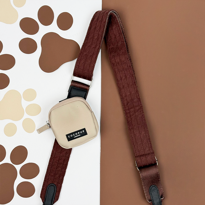 Hot Coco cable knit dog walking bag with wide brown strap from Cocopup London.