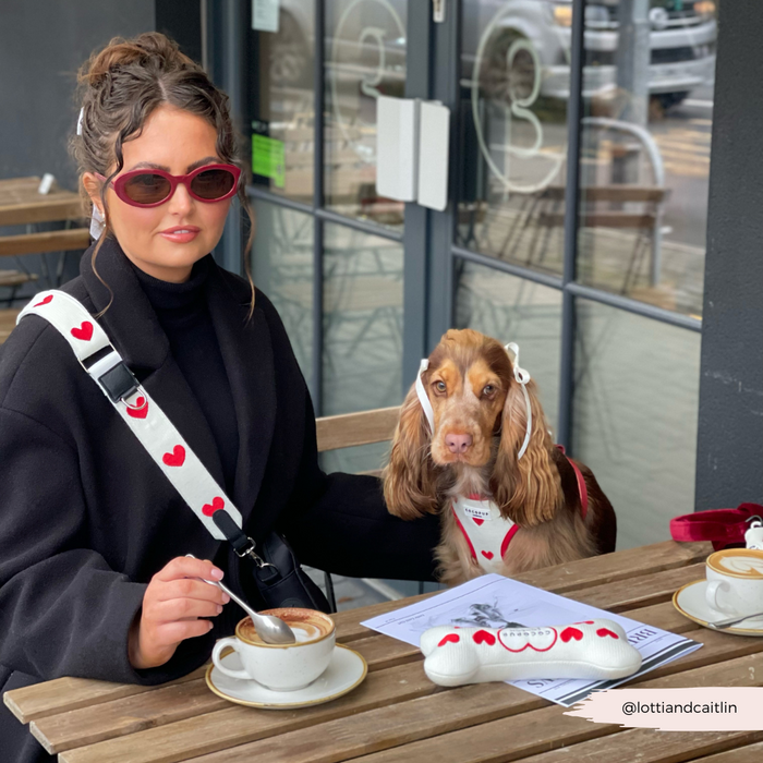 Woman at a café table with her dog and a Cocopup London dog walking bag in knitted and heart-print designs.