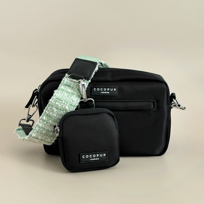 Two Cocopup London dog walking bags in matcha green textured tweed, both with zip closures and compact design.