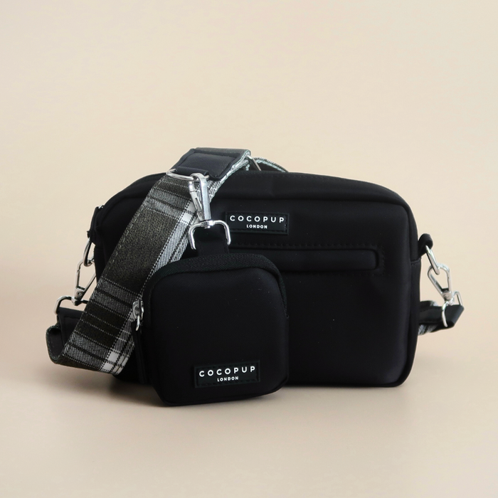Olive check dog walking bag with beige strap, treat pouch, and small matching pouch from Cocopup London.