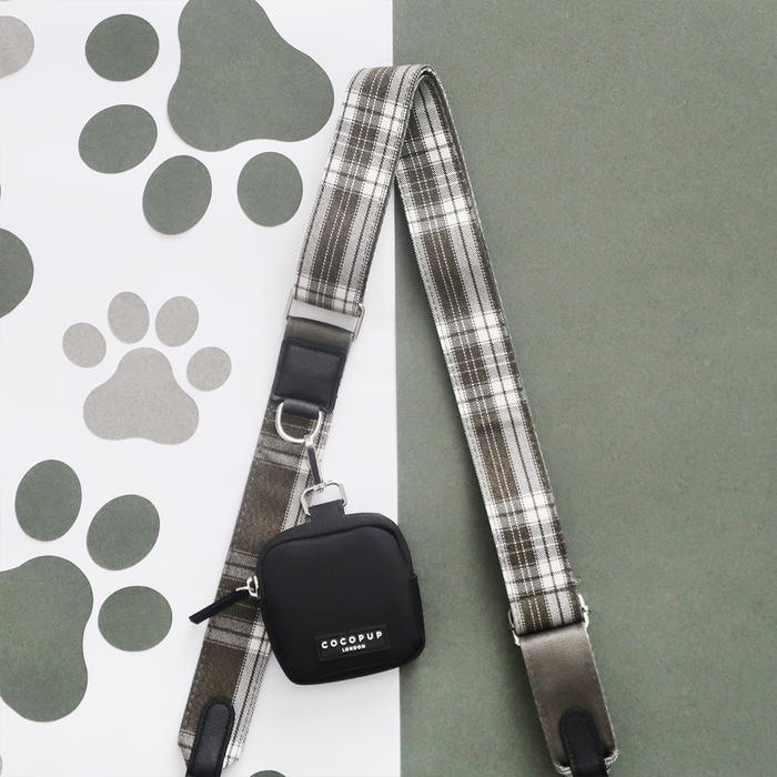 Olive check Cocopup London dog walking bag set with black pouch, treat pouch, and matching poop bag dispenser.