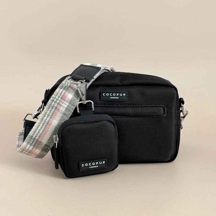 Oxford plaid dog walking bag bundle with matching treat pouch and poop bag dispenser on a beige background.