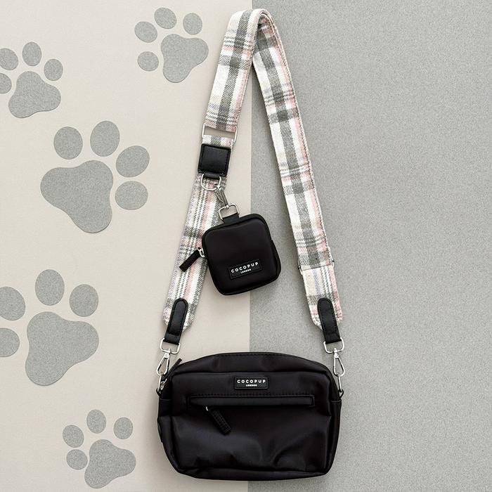 Cocopup London Oxford Plaid dog walking bag set with small pouch and poop bag dispenser on gray paw-print surface.