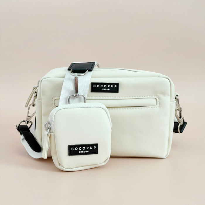 Oyster white dog walking bag and matching treat pouch by Cocopup London on a neutral background.