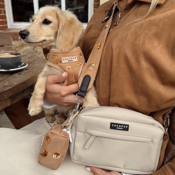 Person holding small dog in harness with Cocopup London Pawtisserie patterned poop bag holder at outdoor café table.