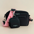 Pink corduroy crossbody bag and matching treat pouch with heart pattern from Cocopup London.