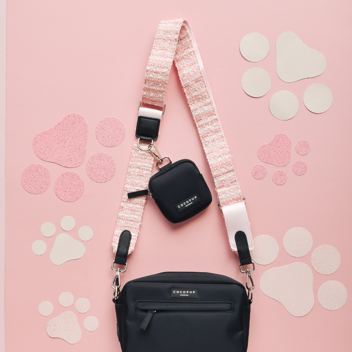 Pink textured tweed dog walking bag bundle by Cocopup London with gold hardware and zip closure.