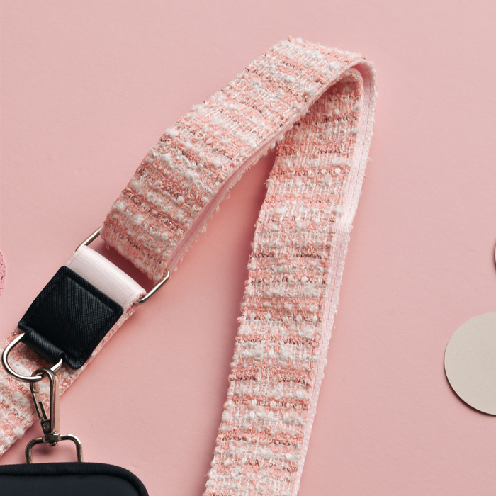 Pink and white Cocopup London dog bag strap in textured tweed with silver metal clasp.