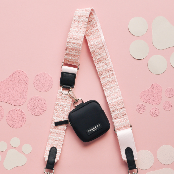 Pink textured tweed bag strap with paw print confetti pattern, designed for Cocopup London bags.