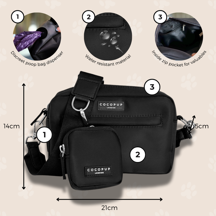 Black Cocopup London dog walking bag set with water-resistant finish, treat pouch, and built-in poop bag dispenser.